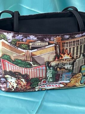 Black Las Vegas Themed Tote Bag Features Graphic Print Of Major Casino landmarks